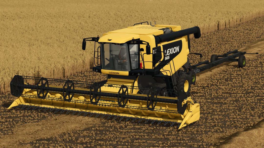 CAT Lexion 560 harvester mod in FS25, operating in a wheat field.