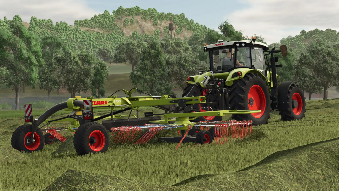 CLAAS Liner 2700 mod in FS25, showcasing a tractor with a hay rake in a field setting.