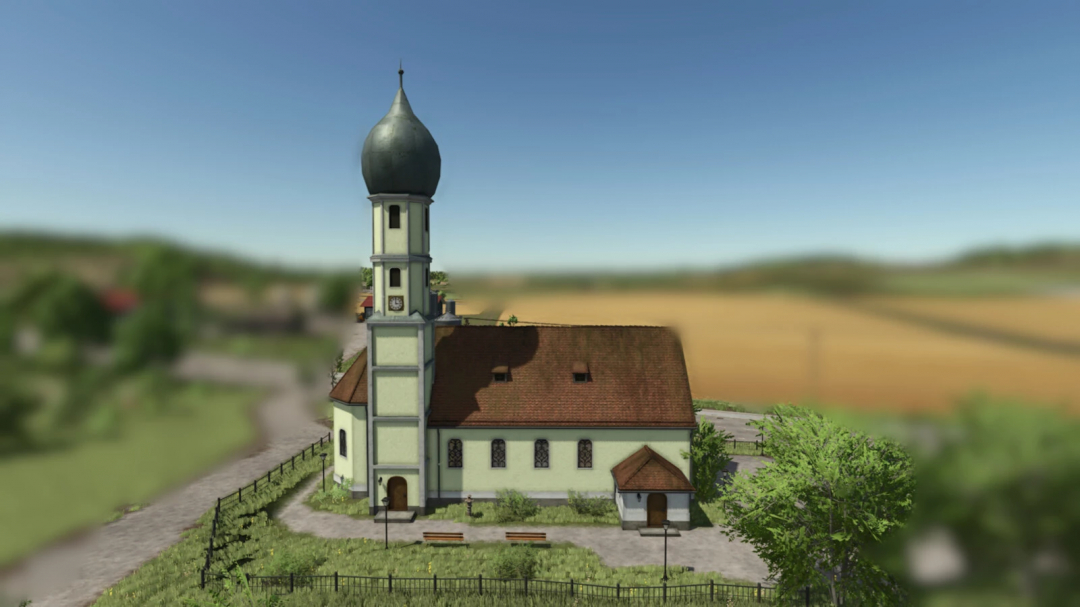 Church Schondorf mod in FS25 with a tower and a scenic background.