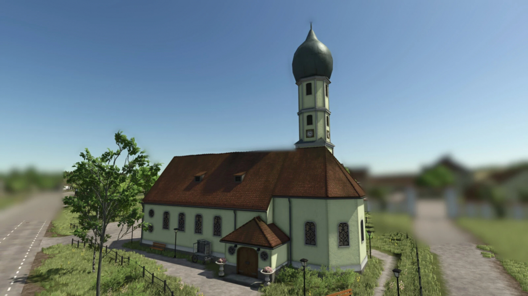 Church Schondorf FS25 mod showcasing a detailed church with a tall steeple and red roof.