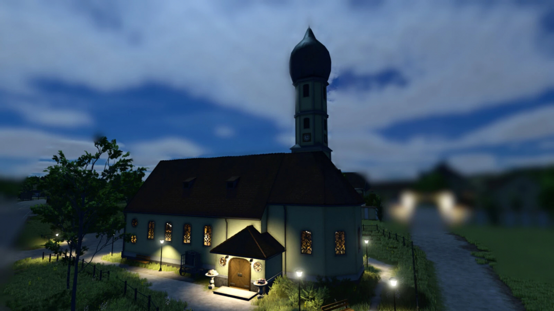 FS25 mod Church Schondorf v1.0.0.0, featuring a well-lit church with a tall tower at dusk in Farming Simulator 25.