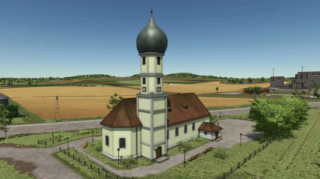 Church Schondorf mod for FS25 showcases a detailed church building amid lush fields.