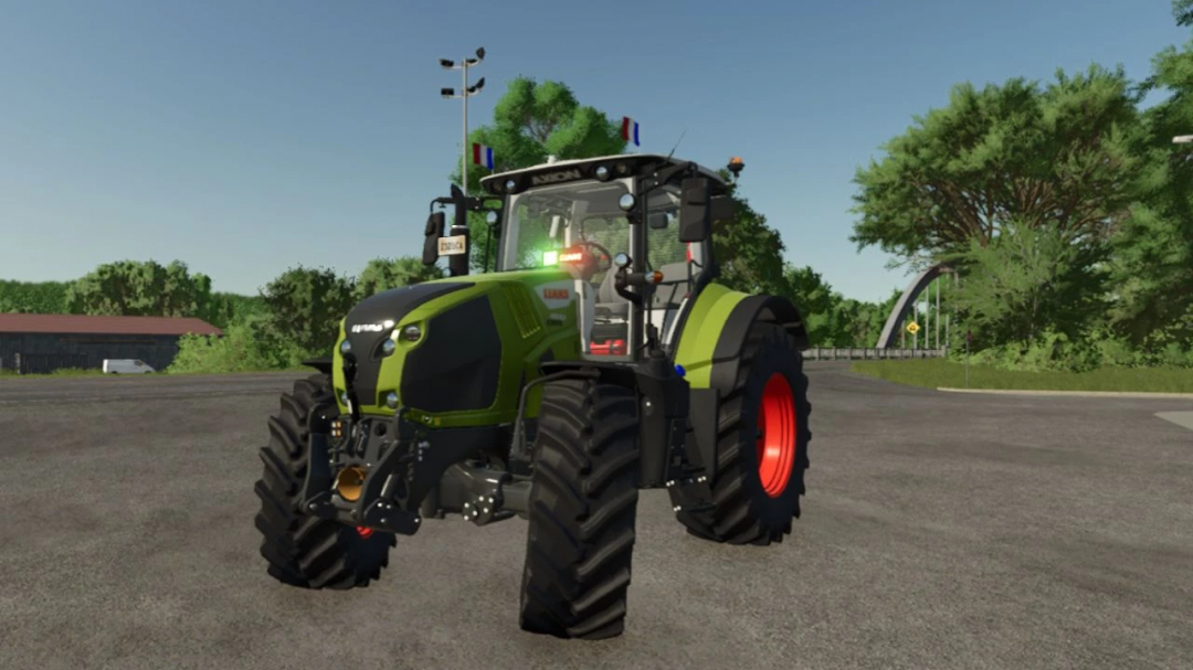 Claas Axion 800 tractor mod in Farming Simulator 25 with green and black design, parked on a road with trees in the background.