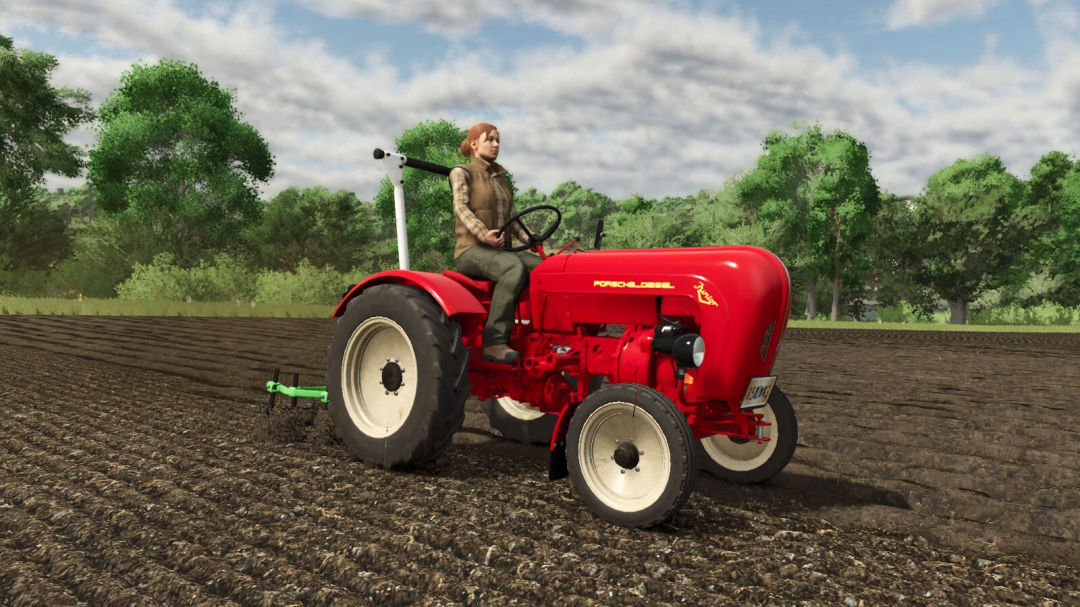 Classic tractor mod in FS25 with a farmer tilling the land under a cloudy sky.