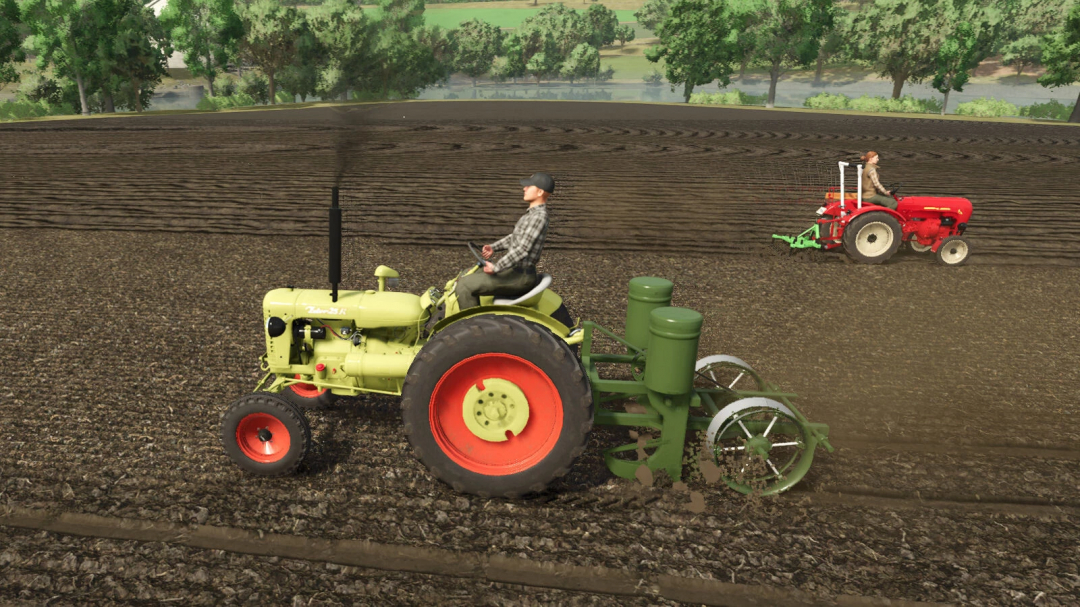 Classic tractors in use on a field in FS25 Classic Tractors Pack mod.