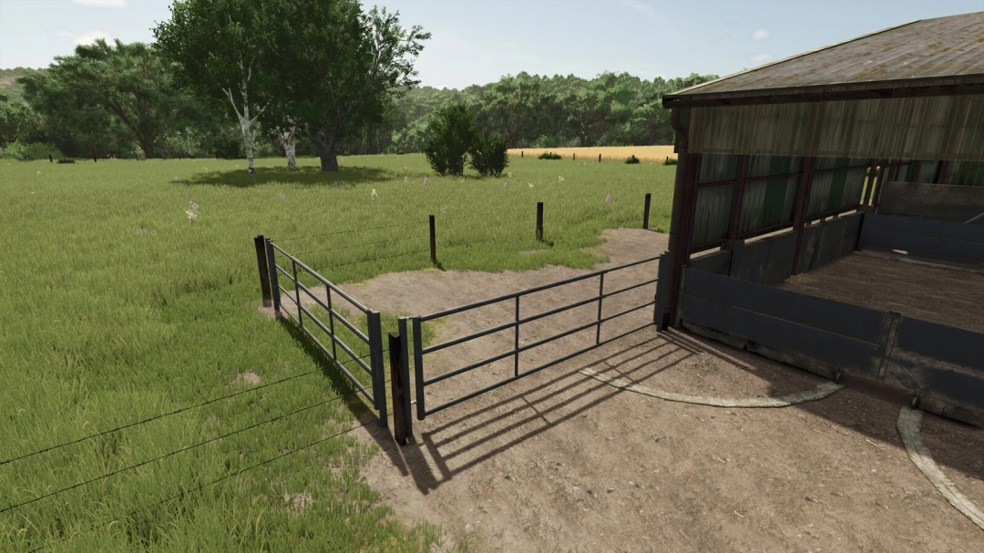 FS25 mod Cow Fences v1.0.0.0 showing metal fences and green pasture in Farming Simulator 25 mod.