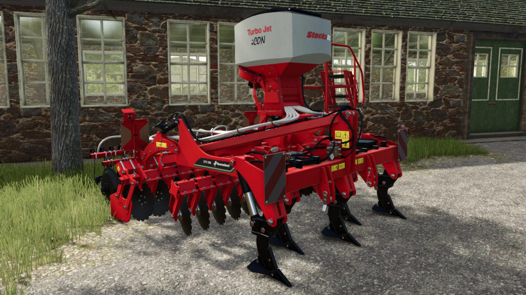 DTX 300AR Pack v1.0.0.0 mod for Farming Simulator 25, showing a red agricultural implement in front of a stone building.