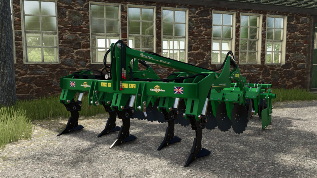 Green DTX 300AR agricultural implement mod for FS25, Farming Simulator 25, in front of a stone building.