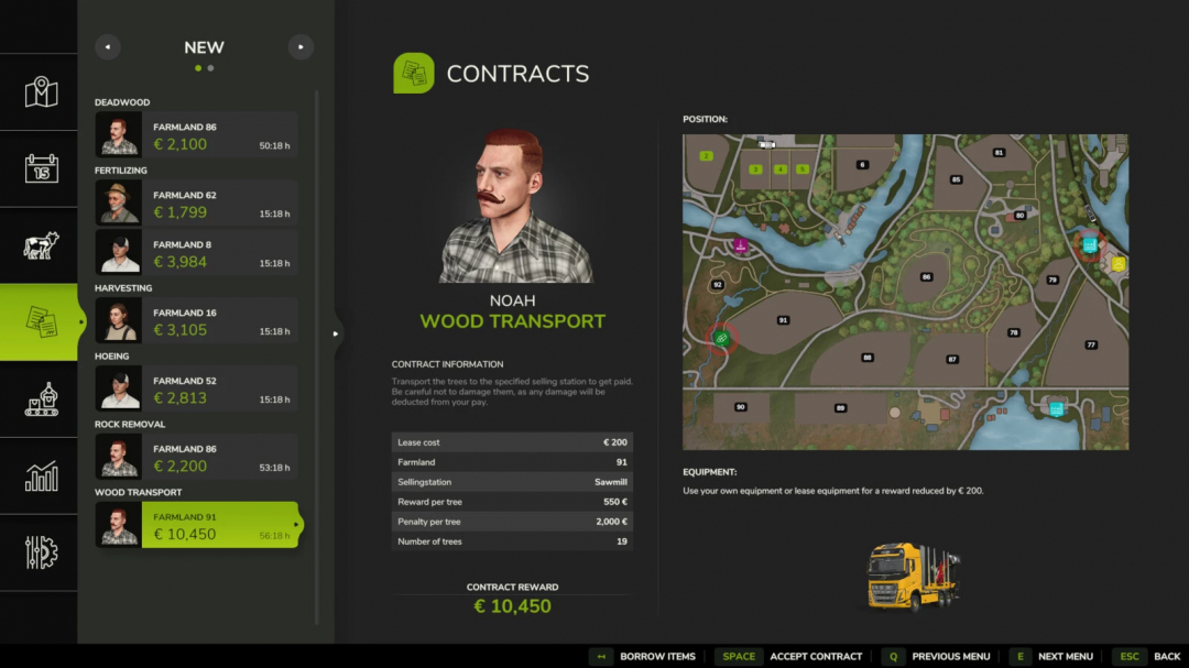 FS25 mod interface showing contract options like wood transport for Farmland 91, reward €10,450. Disable Contract Machines v1.0.0.0.