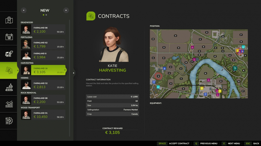 Farming Simulator 25 mod showing contract details for harvesting on Farmland 16 with a map view and reward info.