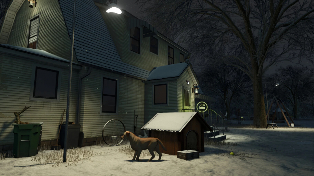 Fancy Doghouse mod in FS25, featuring a dog and a snowy yard at night.