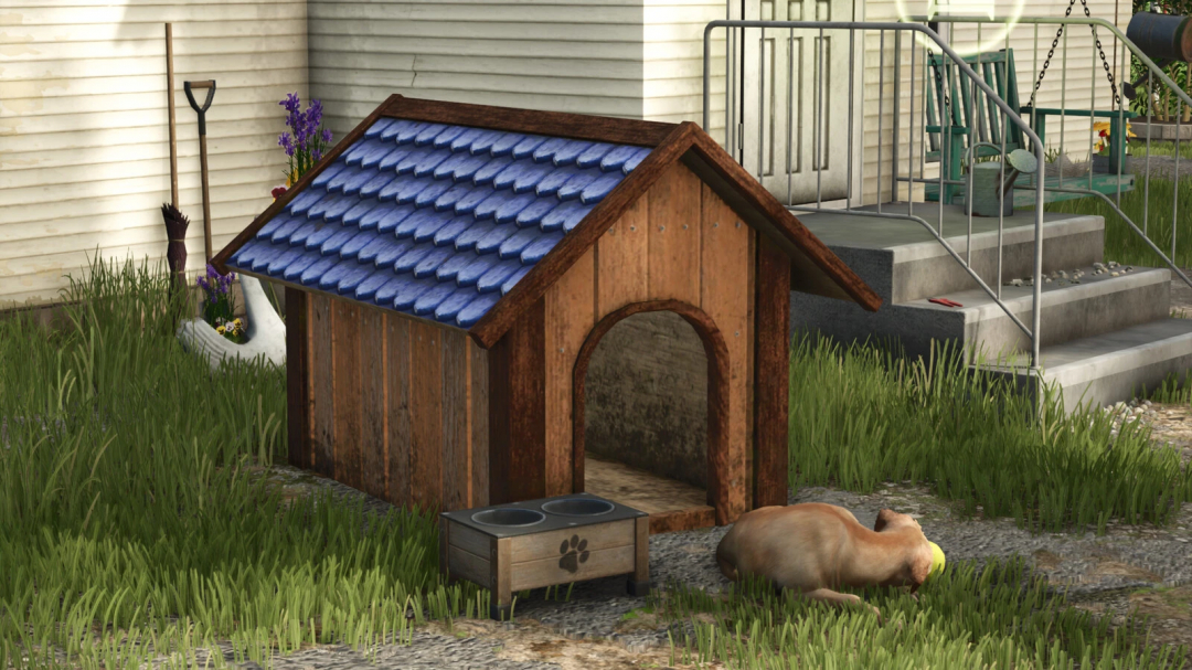 FS25 mods: Fancy Doghouse with blue roof and dog sleeping beside it in Farming Simulator 25.