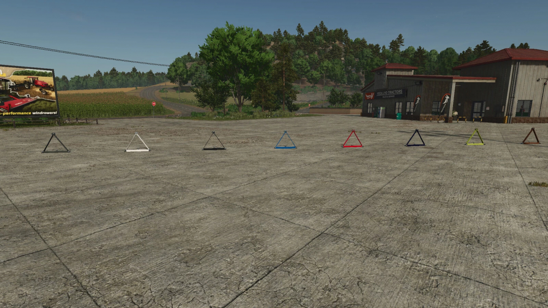 A selection of triangular farm rail mods in FS25, displayed in front of a tractor service building.