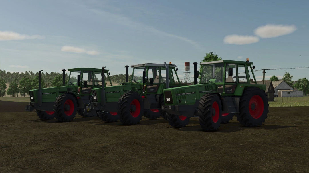 Three Fendt tractors, models 620, 622, 626, in FS25 mod, on a farm field.