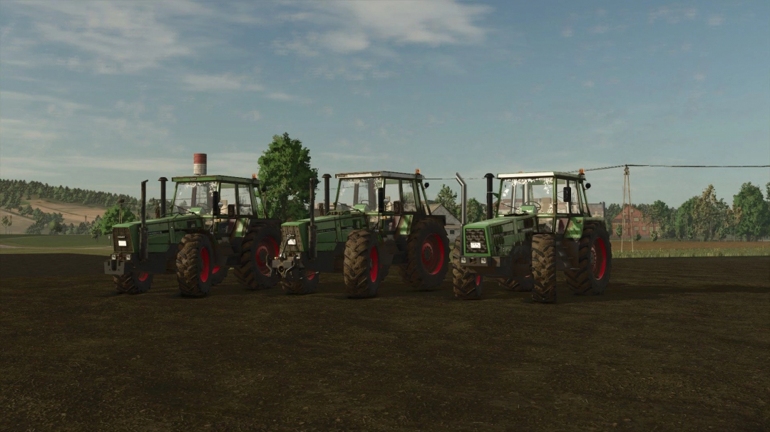 Three Fendt tractors in a field, featured in FS25 mods for Farming Simulator 25.