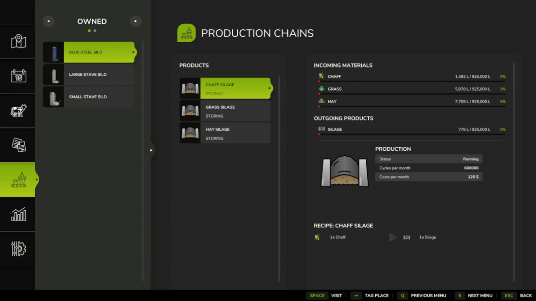 FS25 Fermenting Silo Pack interface showing production of chaff silage with cycle and cost details.