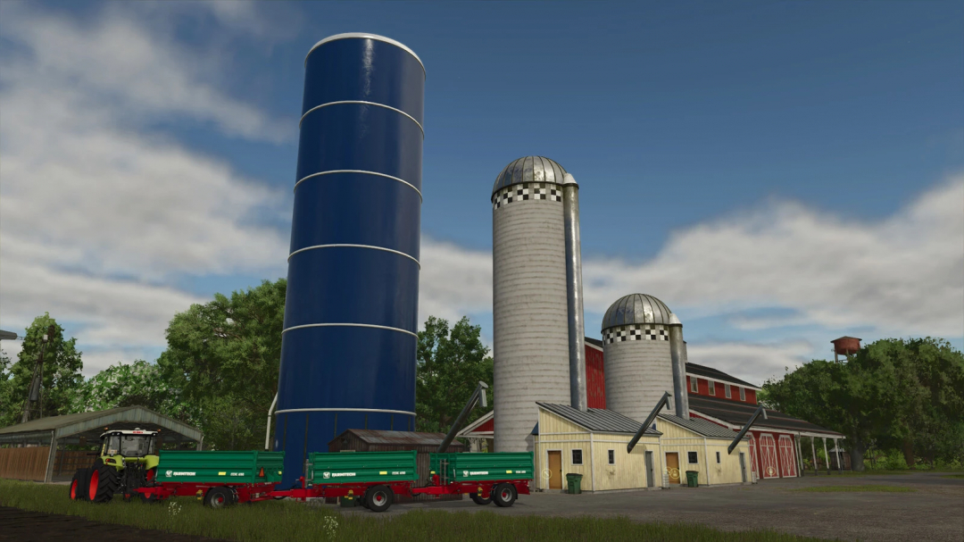 Fermenting Silo Pack mod in FS25 showing large blue silos and connected machinery.