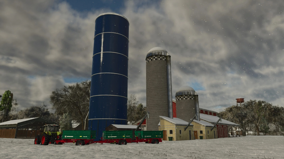 Fermenting Silo Pack mod in Farming Simulator 25 with tractors and silos under a cloudy sky.