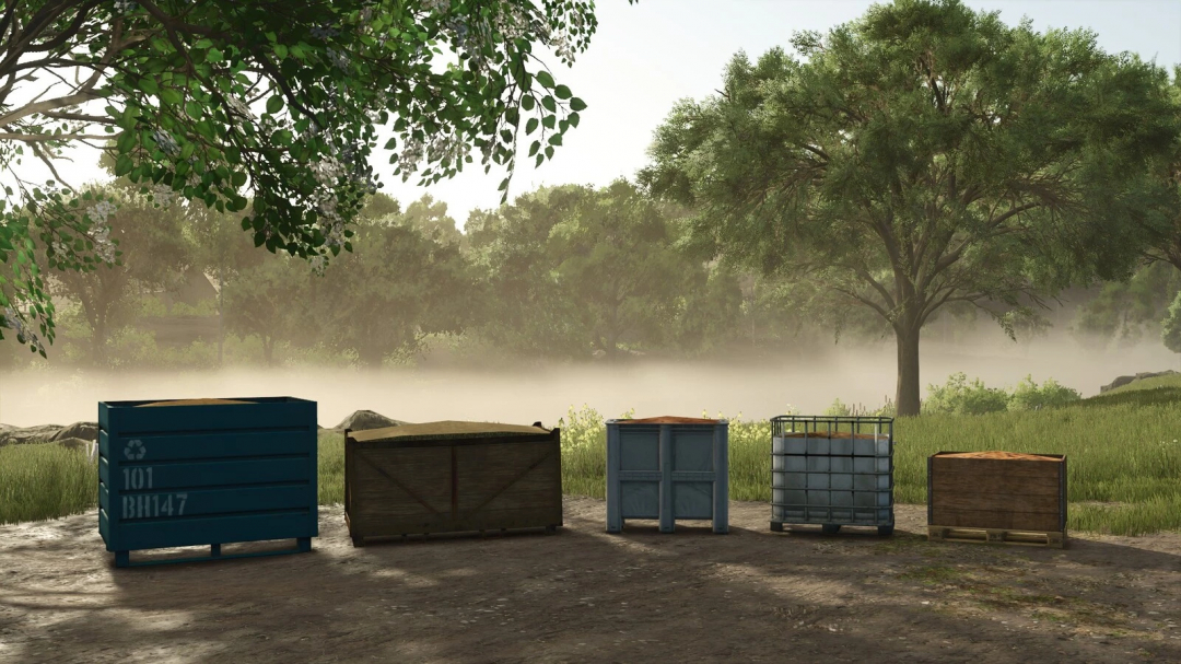 Fillable pallets mod in FS25 showcasing various container types in a scenic farm setting.