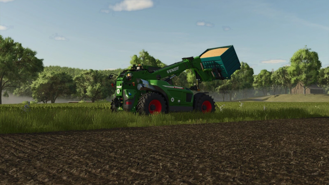 A green Fendt telehandler lifting fillable pallets in Farming Simulator 25 mod, set in a lush field.