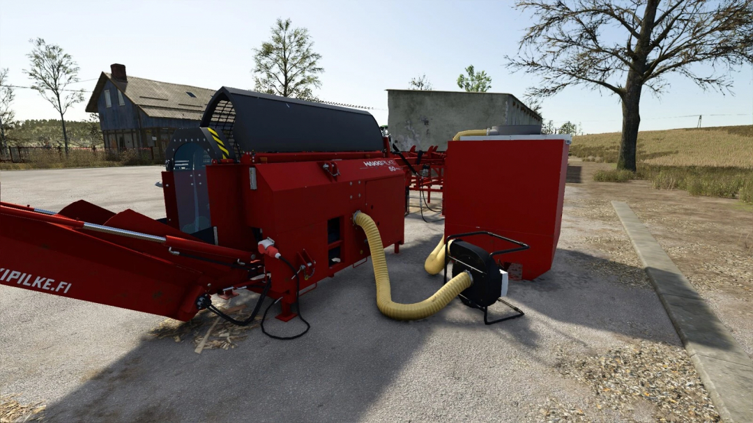 FS25 mod Firewood Production v1.0.0.0, red machinery for wood processing outdoors.