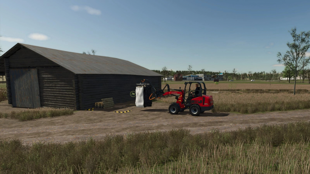 Firewood Production mod in FS25 showing a red loader near a log cabin.