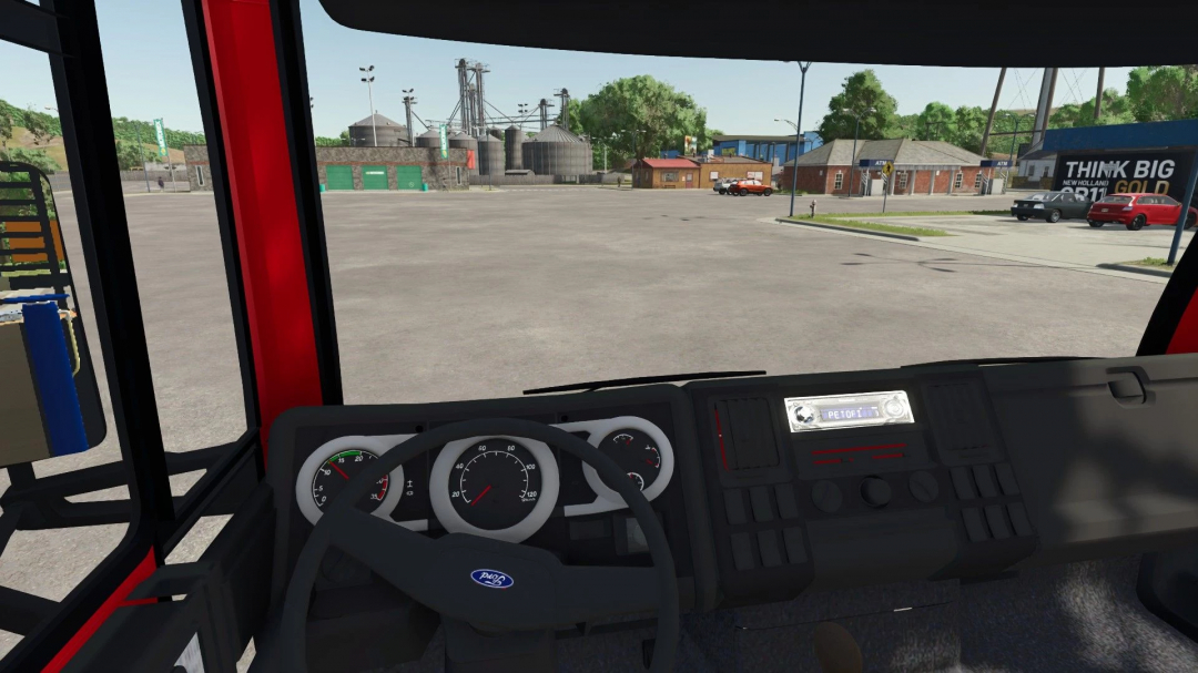 Interior view of the Ford Cargo 2422E mod in FS25 showing dashboard and steering wheel.