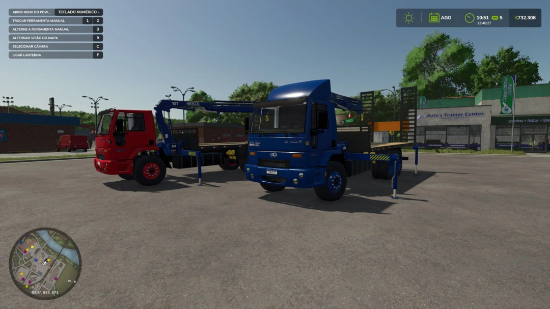 FS25 mod image featuring Ford Cargo 2422E v1.0.0.0, with blue and red trucks parked on a lot.