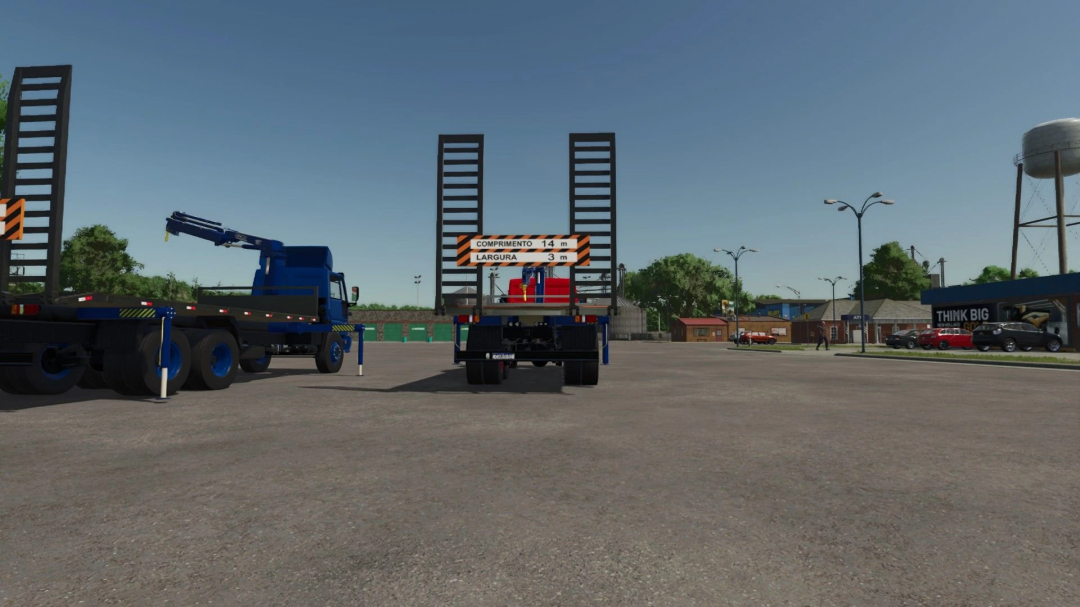 FS25 mod Ford Cargo 2422E v1.0.0.0 showing a blue truck with platform trailer in a parking lot.