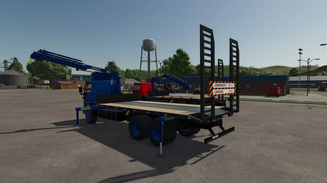 FS25 mods, Ford Cargo 2422E v1.0.0.0 truck mod in Farming Simulator 25 with crane equipped flatbed in a rural setting.