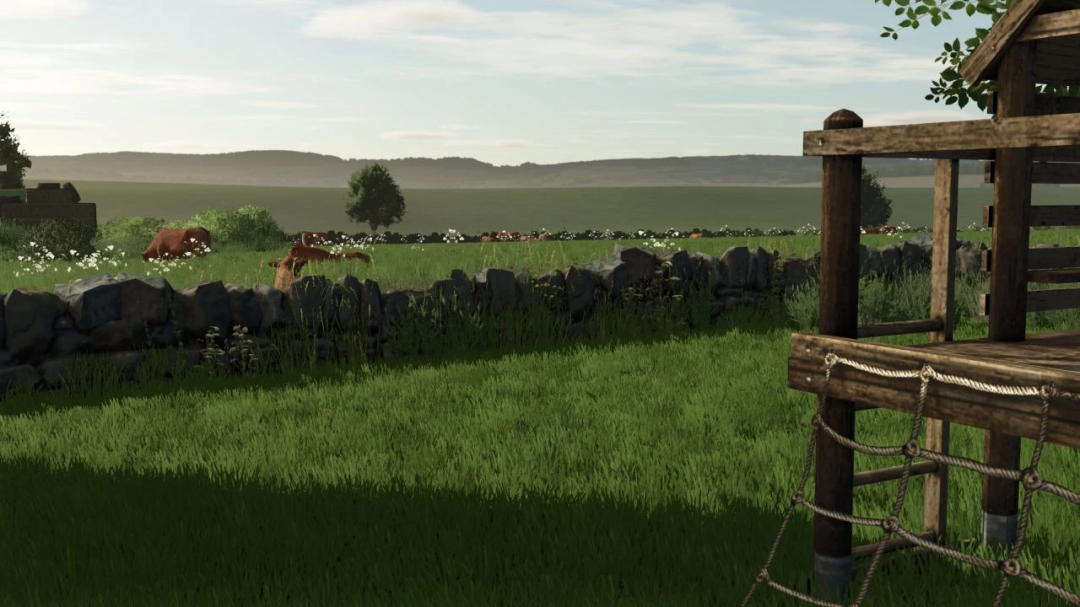 Foxdale Farm mod in FS25 shows a lush green pasture with cows and a stone wall.