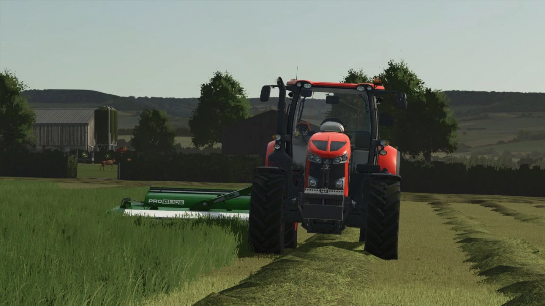 FS25 mod Foxdale Farm v1.0.0.0, featuring a red tractor mowing grass in a lush rural setting.