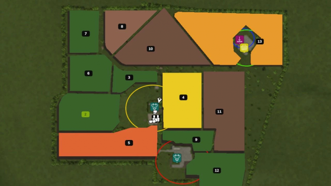 Map layout of Foxdale Farm in FS25 mod, showing numbered fields and farm locations in Farming Simulator 25.