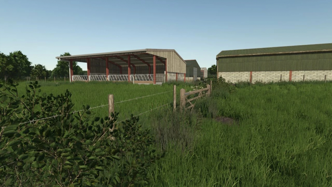 Foxdale Farm mod for FS25 shows farm buildings in a grassy field.