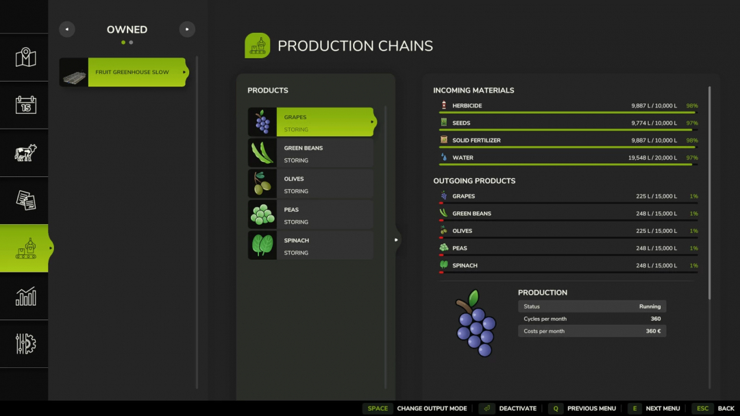 FS25 mod Fruit Greenhouse v1.1.0.0 screen showing production chains with products like grapes, green beans, and materials like water.