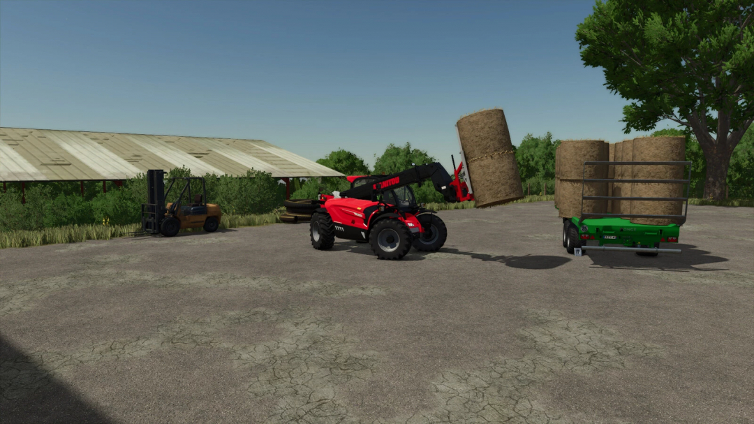 FS25 mod Galonnier GG21 v1.0.0.0, red telehandler moving hay bales in farmyard setting.