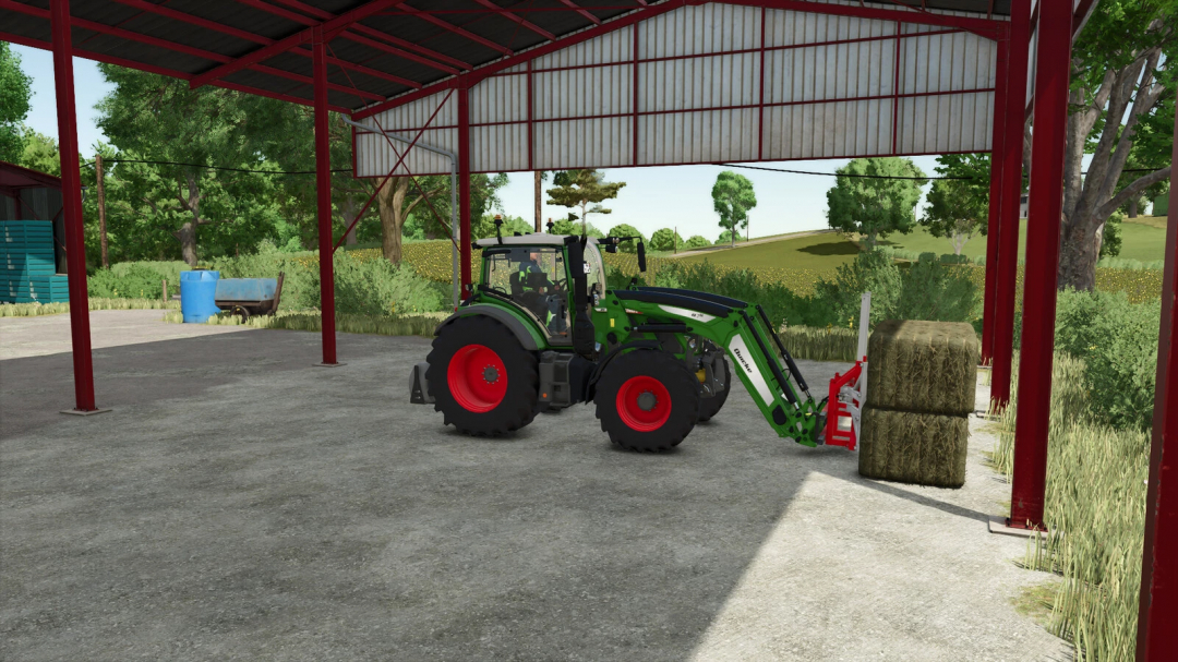 Tractor with Galonnier GG21 mod handling hay bales in FS25 farm setting.