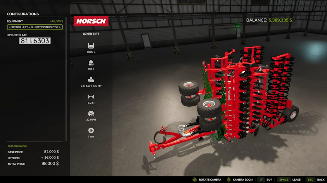 Horsch Joker 8RT v1.2.0.0 mod in FS25, detailed stats displayed on equipment screen.