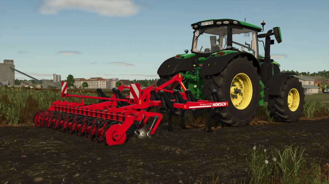 FS25 mod showcasing Horsch Terrano 3.5FX cultivator attached to a tractor in Farming Simulator 25.