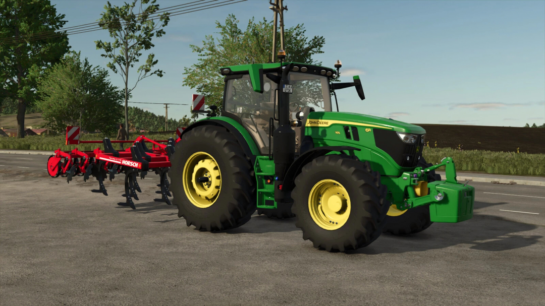 FS25 mod Horsch Terrano 3.5FX attached to a green tractor on a road.