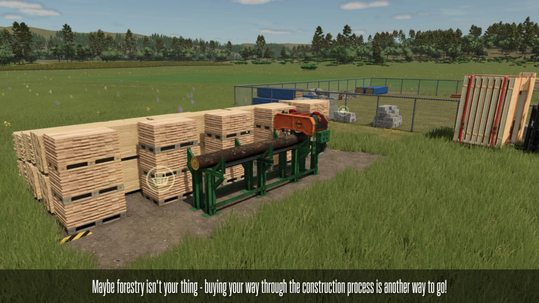 FS25 Industrial Sawmill mod showcasing logs and stacked wood in a grassy field.