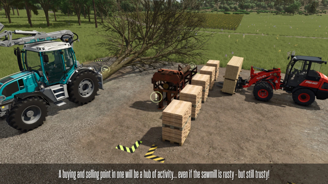 FS25 mods: Industrial Sawmill v1.0.0.0 with tractors and stacked pallets in a forest setting.