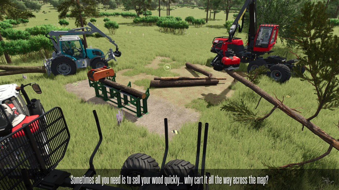 FS25 mods Industrial Sawmill v1.0.0.0 in action, featuring forestry equipment processing logs in a wooded area.