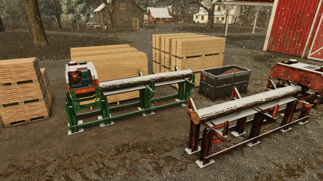 Industrial Sawmill mod in FS25 showing logs and lumber stacks during snowfall.