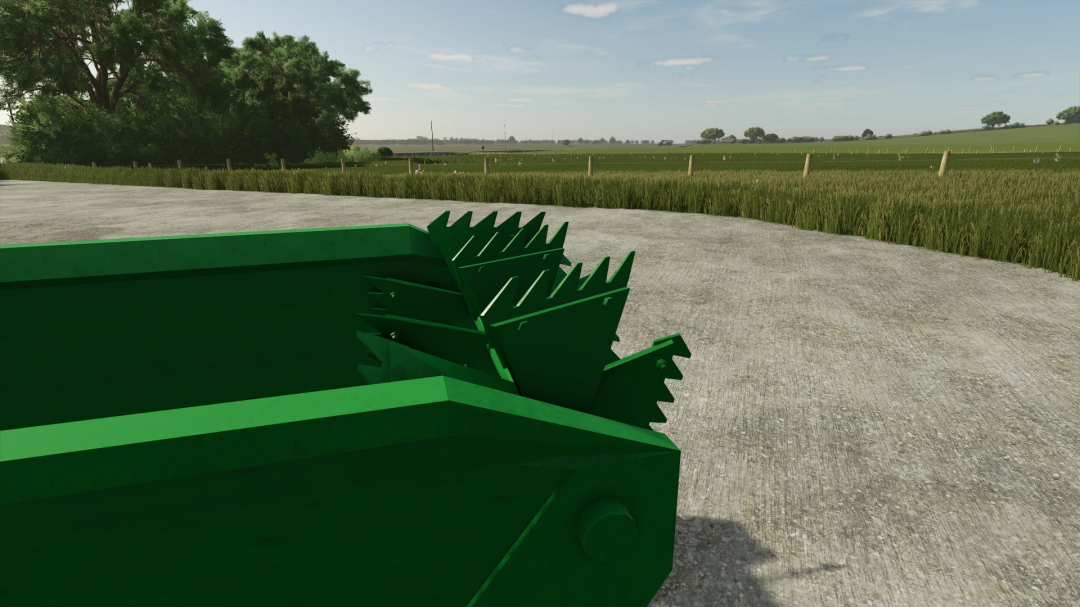 Close-up of John Deere 34 manure spreader FS25 mod showing green metal spikes on concrete path.