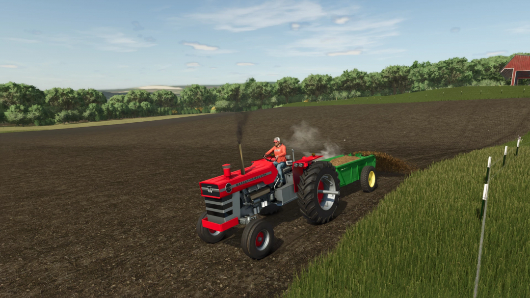 Farming Simulator 25 mod: John Deere 34 Manure Spreader in action on a field.