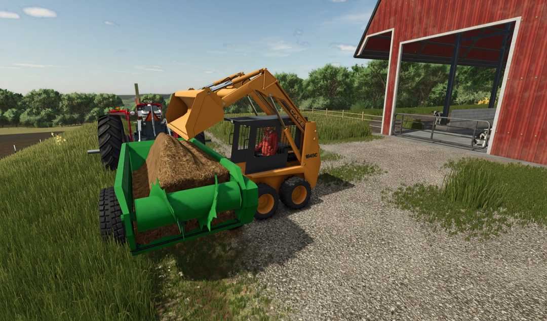 FS25 mod John Deere 34 Manure Spreader v1.0.0.0 showing loader unloading manure next to barn.