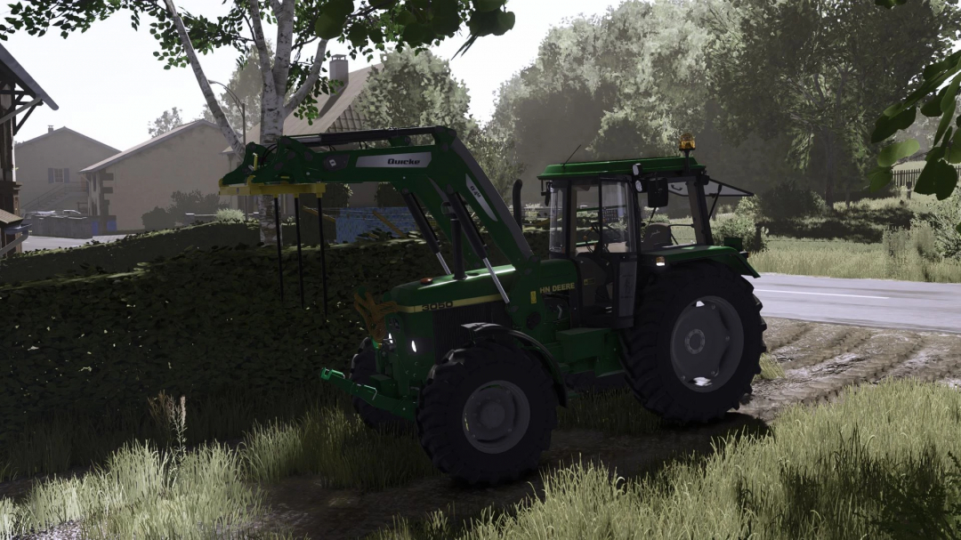 John Deere 3X50 Series tractor mod in Farming Simulator 25 with front loader attachment in a rural setting.