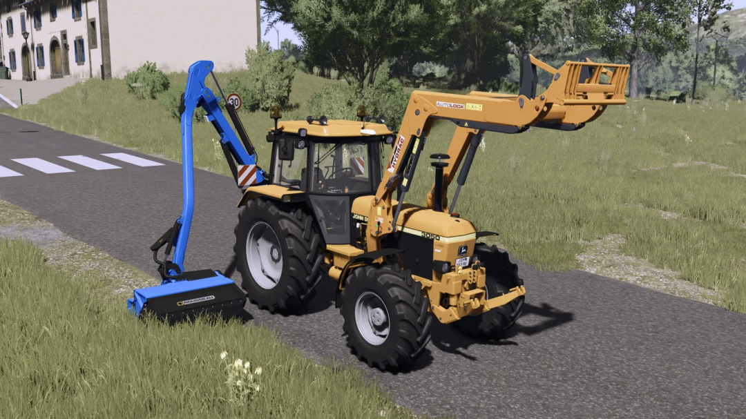 John Deere 3X50 Series tractor with front loader and mower on a road in FS25 mod.