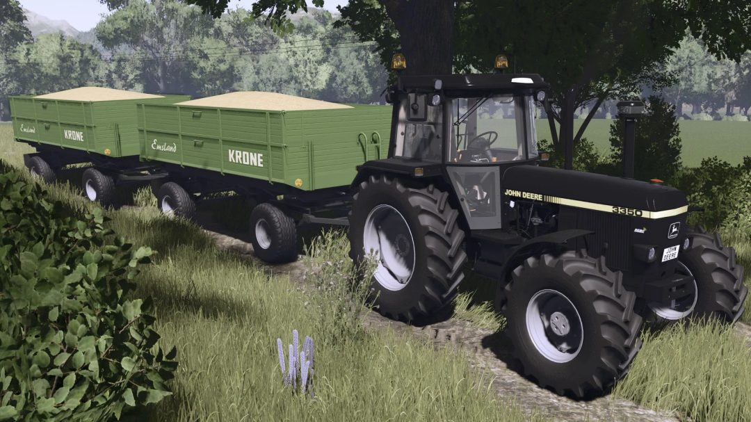 John Deere 3350 tractor mod for FS25 with Krone trailers in a forest setting.